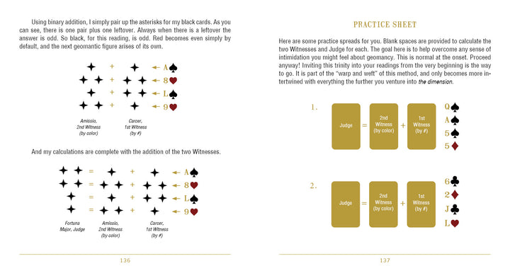 In "The Doors of Somlipith" by Schiffer Publishing, Ltd., one page shows mystical tarot patterns with suit symbols, calculations using black cards and Witnesses; the other offers a Practice Sheet with four card diagrams and step-by-step instructions.