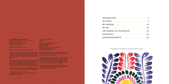 An open book, The Retablos of Jeronimo Lozano by Schiffer Publishing, Ltd., shows a red left page with publishing details and a right page featuring a colorful Peruvian retablo-inspired floral illustration, table of contents, and dotted lines to page numbers.