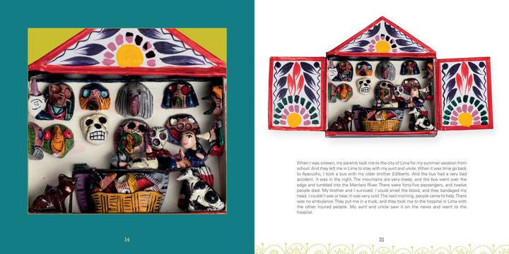 On the left page of "The Retablos of Jeronimo Lozano" by Schiffer Publishing, Ltd., a vibrant handcrafted Peruvian retablo with skeleton and human figurines inside a decorated box appears next to text on the right page.