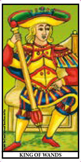 Illustration from The Grand Universal Tarot by Schiffer Publishing, Ltd. depicts the King of Wands in Marseille style—a crowned man in vibrant robes sits on a throne, holding a wand and gazing confidently against a bright green background.