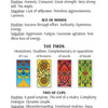 A page from The Grand Universal Tarot guidebook by Schiffer Publishing, Ltd., details Marseille-style meanings for Ace of Swords, Ace of Wands, and Two of Cups, with images of Cups, Pentacles, Swords, and Wands cards showing positive and negative interpretations.