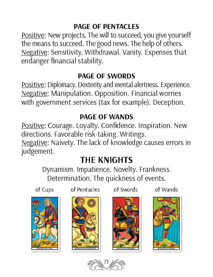 A page from The Grand Universal Tarot by Schiffer Publishing, Ltd. features interpretations for the Page of Pentacles, Swords, Wands, and the Knights, with small Marseille-style card images shown at the bottom.