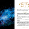 A spread from "Oracle of the Crystal Skulls" by Schiffer Publishing, Ltd. shows a starry blue cosmic background on the left and, on the right, text about the legend and spiritual significance of these mystical relics.