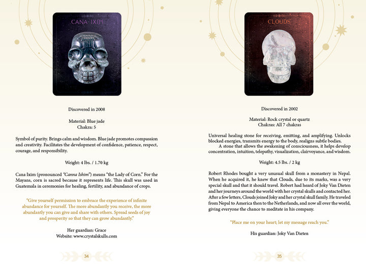 Two pages from Oracle of the Crystal Skulls by Schiffer Publishing, Ltd. feature crystal skulls—Cana Ixim (blue jade) and Clouds (quartz)—exploring their discovery, materials, symbolism, spiritual meaning, and guardians on pale decorative backgrounds.