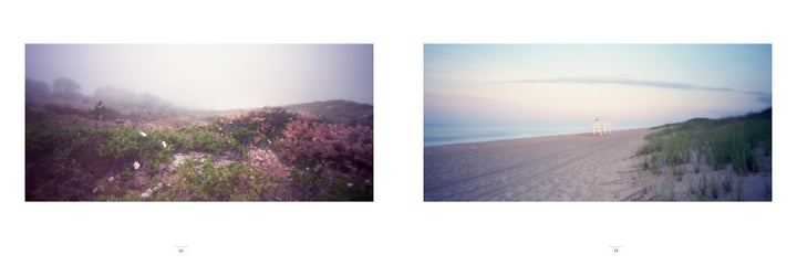 Village Beaches by Schiffer Publishing, Ltd. features a soft-focus diptych: foggy coastal dunes with wildflowers on the left and an empty East Hampton beach with a lifeguard chair, sand, and grassy dunes under a pastel sky on the right.