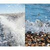 Two side-by-side photos from Schiffer Publishing, Ltd.’s "Beaches" capture beach photography’s essence: crashing ocean waves on the left, and on the right, Amy Dykens showcases water splashing over pebbles in stunning detail.