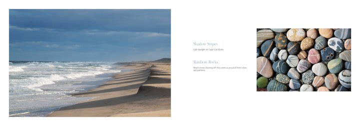 On the left, a sandy beach with waves beneath a cloudy sky; on the right, a close-up of smooth, colorful pebbles. Center text: Beaches—beach photography from Schiffer Publishing, Ltd., inspired by Amy Dykens.