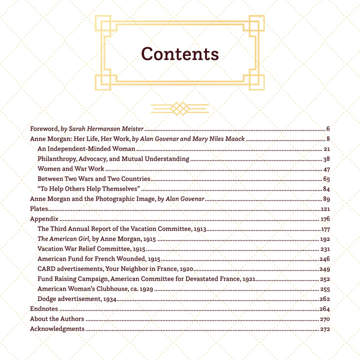 Table of contents page with a decorative top border, listing chapters and sections with page numbers for Anne Morgan, a book published by Schiffer Publishing, Ltd., covering her philanthropy and related topics.