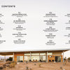 Second Home by Schiffer Publishing, Ltd. showcases a modern glass-walled house in the desert under cloudy skies—a flat-roofed sanctuary with open interiors and minimalist furnishings. A contents page lists featured homes and firms.