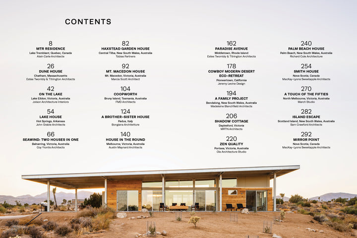 Second Home by Schiffer Publishing, Ltd. showcases a modern glass-walled house in the desert under cloudy skies—a flat-roofed sanctuary with open interiors and minimalist furnishings. A contents page lists featured homes and firms.