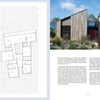 A two-page spread from *Second Home* by Schiffer Publishing, Ltd. pairs a labeled floor plan with a photo of an architect-designed house featuring angled wooden facades and landscaping, highlighting sanctuary and rejuvenation in this private getaway.
