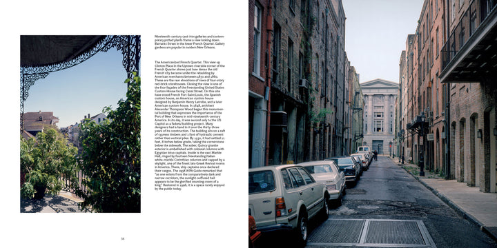 A split-page layout for "New Orleans" by Schiffer Publishing, Ltd.: Left shows a leafy courtyard beneath ornate ironwork; right reveals a narrow street with parked cars and tall brick buildings leading to a classical stone building.