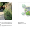 A two-page spread in "Private Gardens of the Potomac and Chesapeake" by Schiffer Publishing, Ltd. features architectural photos of a modern landscape with stone paths, tall grasses, a house site plan, project credits, and descriptive text.