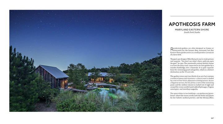 A modern farmhouse at night with a rustic barn, warmly lit main house, lush landscaping inspired by Private Gardens of the Potomac and Chesapeake from Schiffer Publishing, Ltd., plus a pool in the foreground beneath a starry sky.