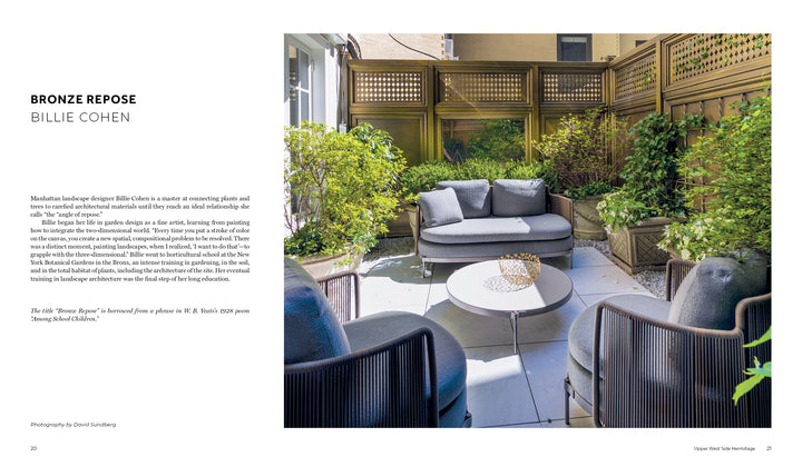 Repose in the Metropolis by Schiffer Publishing, Ltd. captures modern outdoor style with gray cushioned seating, a white table adorned with yellow flowers, and lush greenery along a wooden lattice fence—evoking NYC garden design charm.