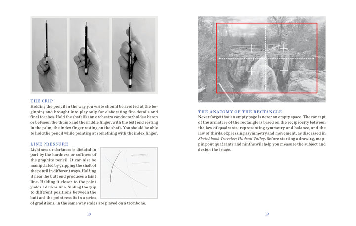 From Schiffer Publishing, Ltd.'s "Sketchbook Traveler New England": Left page—B&W photos show pencil grips with line pressure tips; right page—a grayscale waterfall photo, red rectangle, and composition notes from a New England art journal.