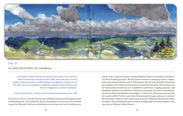 The Sketchbook Traveler New England by Schiffer Publishing, Ltd. features a watercolor of green fields and trees beneath dramatic clouds, echoing a New England art journal, with Henry David Thoreau text and a handwritten note signed at the bottom right.