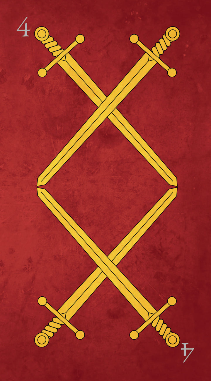 Illustration of four yellow swords crossed on a textured red background, with the number 4 and symbol, inspired by medieval tarot imagery. From the Tarot Médiéval deck by Schiffer Publishing, Ltd.