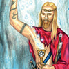 A blond, bearded man in red robes with a golden pentacle cup and tattooed arm summons magical sparks in the Steele Wizard Tarot by Schiffer Publishing, Ltd. The Magician stands confidently with sword and wand at his belt.