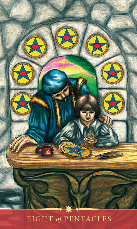 A person teaches a child to carve a pentacle at a wooden workbench, with six pentacles on a stone wall and two on the table. The Steele Wizard Tarot card by Schiffer Publishing, Ltd. shows Eight of Pentacles at the bottom.