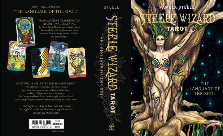 The image displays the front, spine, and back cover of Steele Wizard Tarot by Schiffer Publishing, Ltd., showcasing mystical tarot card art from this unique 88-card deck and a prominent wizard with glowing magical symbols.