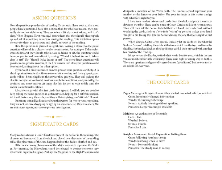 A two-page spread from Schiffer Publishing, Ltd.’s Steele Wizard Tarot shows tips on asking questions and significator cards (left page), and covers court cards and self-empowerment (right page), all set against a cream background.