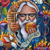 Colorful tarot card art from Bonefire Tarot by Schiffer Publishing, Ltd. depicts an old bearded man with an ankh and flaming orb, surrounded by fire, a rose, eagle, hourglass, crown, skull, and “The Emperor #4” banner.