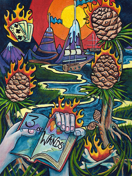 A surreal painting with burning pinecones, a ship on a river, mountains, a fiery sun, playing cards, and the Bonefire Tarot "3 of Wands" by Schiffer Publishing, Ltd., all in vibrant swirling colors and Bonefire Tarot style.