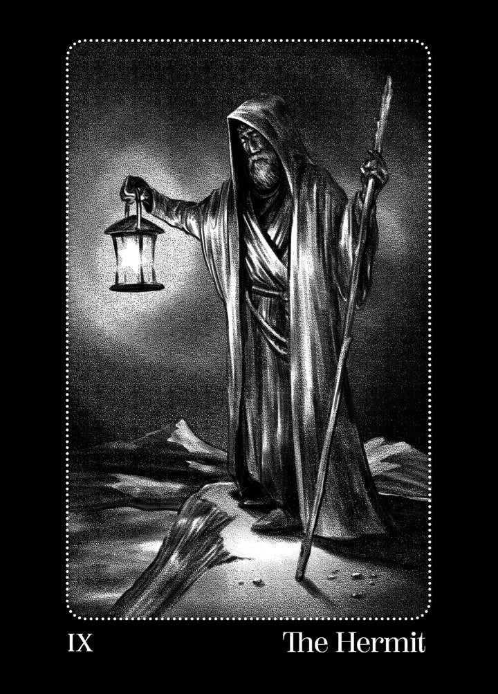 A robed, hooded figure with lantern and staff stands on rocky ground. The card reads IX The Hermit, symbolizing solitude, wisdom, and introspection in the Nightfall Tarot by Schiffer Publishing, Ltd.