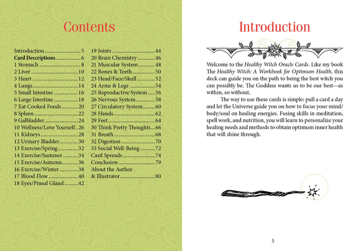 Two pages from The Healthy Witch Oracle Cards by Schiffer Publishing, Ltd.: the left lists body organs and systems, the right features an Introduction with decorative graphics. Ideal for any Healthy Witch exploring wellness magick.
