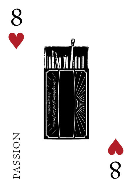 The 8 of hearts from the Inner Eye Oracle by Schiffer Publishing, Ltd. shows an open matchbox with matches and “PASSION” written vertically, making it a distinctive card for oracle or divination card collections.