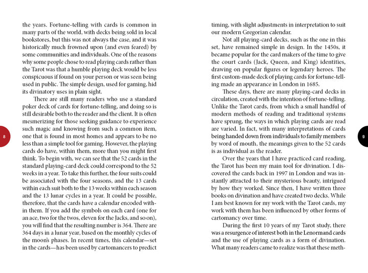 A two-page spread from the Inner Eye Oracle by Schiffer Publishing, Ltd. explores the origin, symbolism, calendars, suits, and divination of playing cards in black text on a white background, with no images or illustrations.
