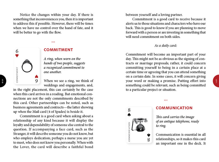 A book spread from the Inner Eye Oracle by Schiffer Publishing, Ltd. shows cards and meanings—the 6 of hearts symbolizes commitment, while the communication card, illustrated with a telephone, explores messages in relationships.