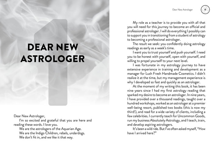 A two-page spread from Schiffer Publishing, Ltd.’s "The Elements of Becoming a Successful Astrologer": The left page welcomes aspiring astrologers; the right page continues with the author’s experiences learning chart reading.