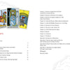 Three tarot cards from the Rider-Waite-Smith Tarot are displayed above a table of contents page from "New Directions in Tarot" by Schiffer Publishing, Ltd., which features chapters on tarot interpretation and storytelling.