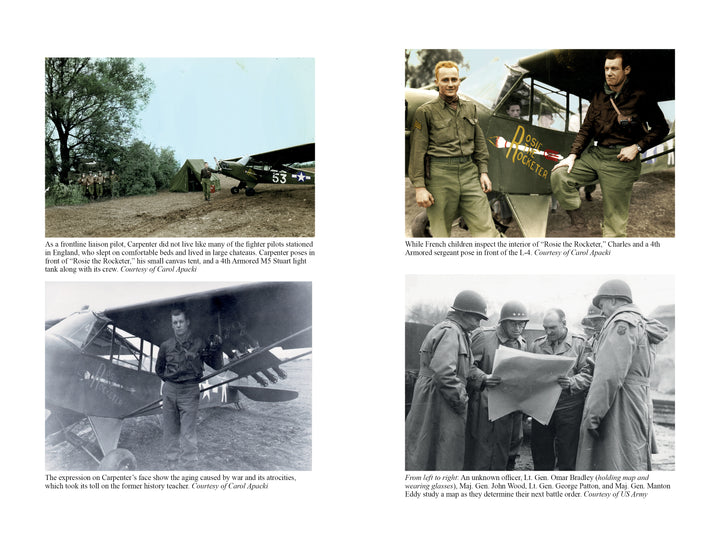 A collage from Schiffer Publishing, Ltd.'s "Bazooka Charlie" features WWII pilot Charles Carpenter by his plane, French children with soldiers, a pilot by an aircraft, and officers reviewing a map, highlighting wartime aviation and camaraderie.