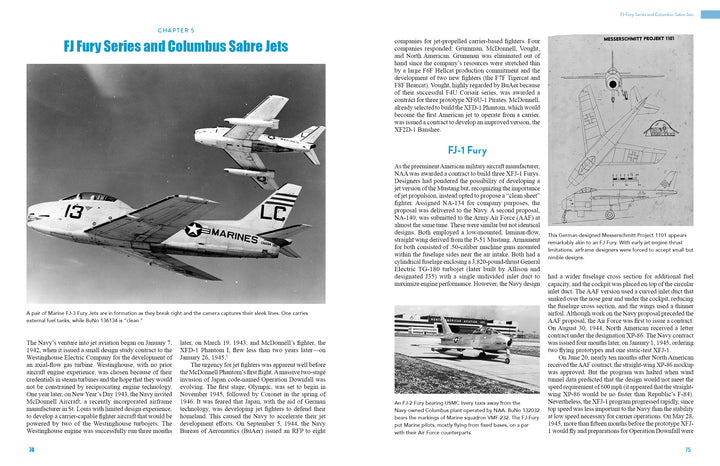 A black-and-white photo shows two Grumman FJ Fury jets in flight. "North American Aviation in the Jet Age, Vol. 2" by Schiffer Publishing, Ltd. features text, diagrams, and images about military aircraft and the FJ Fury jets.