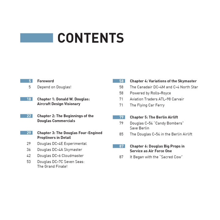A table of contents lists chapters and pages on the Douglas DC-4, DC-6, and DC-7 from Schiffer Publishing, Ltd., covering their history, Donald W. Douglas, the “Douglas Big Props,” and the Berlin Airlift.