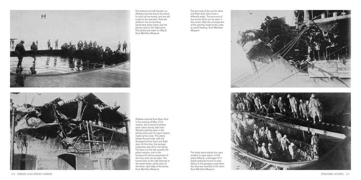 Four black-and-white photos from Schiffer Publishing, Ltd.'s "Shōkaku-Class Aircraft Carriers" show sailors inspecting wreckage, gathering on deck, examining damage, and rescuing survivors during the Pacific War.