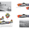 A scrapbook page from "The 406th Fighter Group" by Schiffer Publishing, Ltd. displays WWII black-and-white photos, colorful P-47 Thunderbolt illustrations with bright tails, badges, and captions about the planes, pilots, and their European missions.