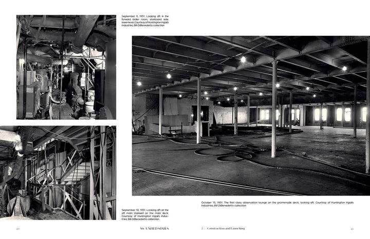 Three black-and-white photos in Schiffer Publishing, Ltd.'s SS United States reveal the ship's interior: exposed pipes, debris in stairwells, and a vast, empty observation lounge—silent echoes of its transatlantic ocean liner legacy.