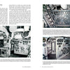 A Schiffer Publishing, Ltd. magazine spread showcases black-and-white images of intricate SS United States engine rooms—packed with pipes and control panels—alongside text on ocean liner history and engineering.