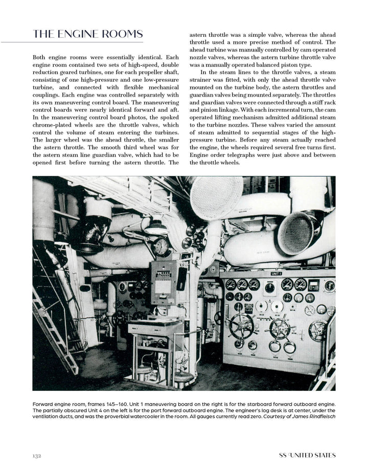 Black-and-white photo of the SS United States’ forward engine room, with a crew member operating controls amid machinery and gauges. A Schiffer Publishing, Ltd. product celebrating the iconic ocean liner's engineering.