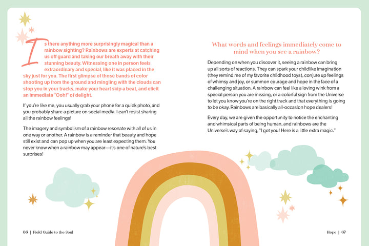 A spread from Field Guide to the Soul by Schiffer Publishing, Ltd. shows a pastel rainbow with clouds on the left page and floating stars on the right, set against a cream background with text inspired by affirmation cards.