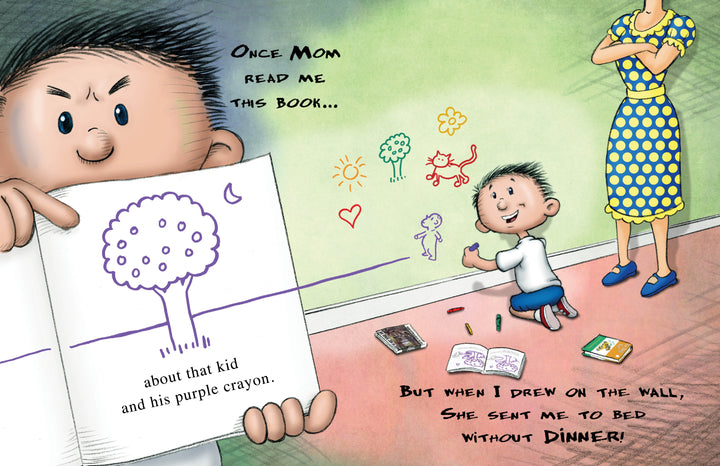 A boy holds "I Hate Picture Books!: 10th Anniversary Edition" by Schiffer Publishing, Ltd., showing a crayon drawing of a tree. Behind him, wall drawings and scattered toys create a scene just like in humorous children's books.