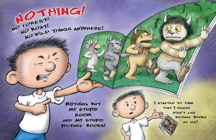 A frustrated child points at an open book in a plain room. In "I Hate Picture Books!: 10th Anniversary Edition" by Schiffer Publishing, Ltd., humorous angry text says, “NOTHING! No forest! No boat! No wild things anywhere!”.