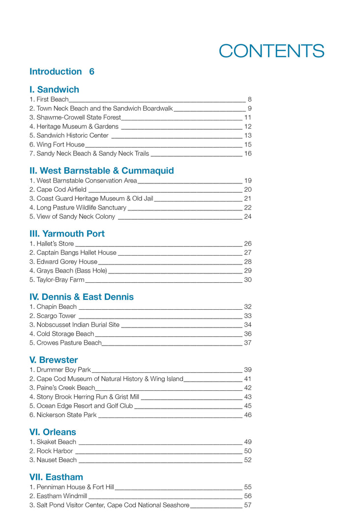 The In My Footsteps travel guide by Schiffer Publishing, Ltd. features a blue section-titled table of contents listing numbered chapters and pages for Sandwich, West Barnstable & Cummaquid, Yarmouth Port, Dennis & East Dennis, Brewster, Orleans, and Eastham.