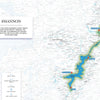 A map highlights the Shannon River route in Ireland, marking towns along this iconic waterway with blue markers and a green-blue river path. A left text box details the river’s scenic and cultural value. Product: River Cruises by Schiffer Publishing, Ltd.