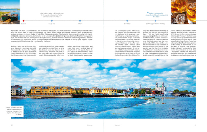A panoramic view of Galway’s waterfront with colorful riverside buildings under a bright sky; above are images of whiskey glasses, drinks, and cruise maps, promoting River Cruises by Schiffer Publishing, Ltd.