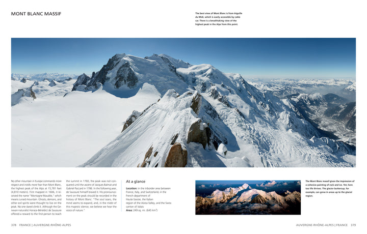 Experience the stunning Alpine scenery in "The Wild Alps" by Schiffer Publishing, Ltd., featuring panoramic views of the snow-covered Mont Blanc Massif with dramatic peaks and glaciers, plus inset photos at sunrise and sunset—ideal for any Alps photography collection.